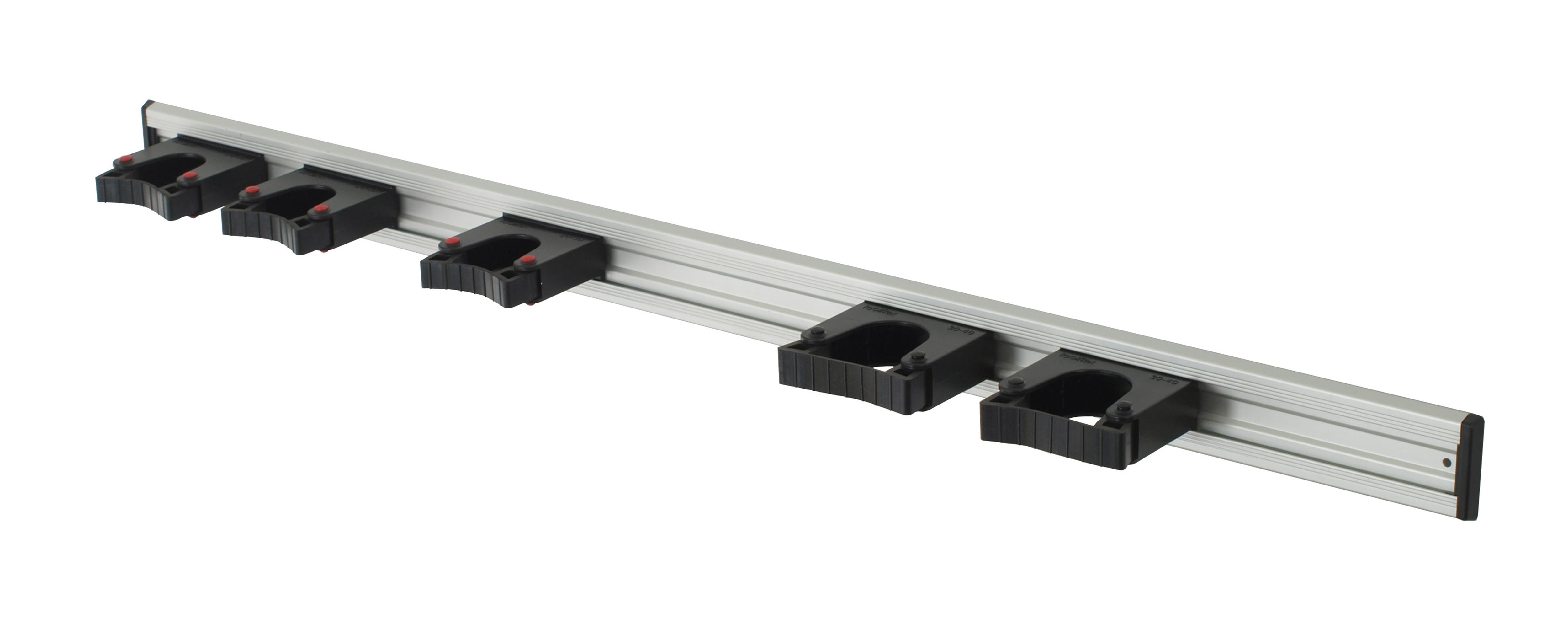 Toolflex Alu-Schiene 90 cm mit schwarzen Endstücken, bestückt mit 5 schwarzen Halterungen (3 x 20-30 mm, 2 x 30-40 mm)